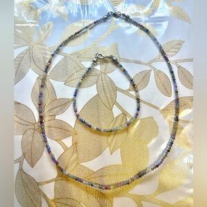 Silver Blue/ Purple iolite Gemstone Beaded Necklace 16”+bracelet 7”